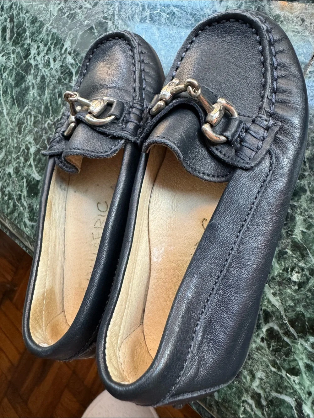 Little Eric Black/Navy blue Leather Loafers with Silver Chain Bit size 25